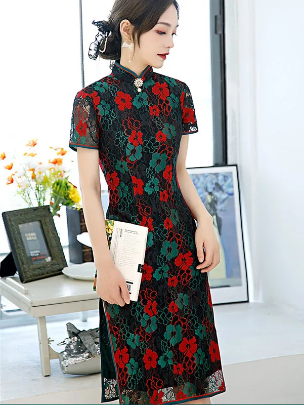 2021 Black Floral Lace Cheongsam Qi Pao Dress