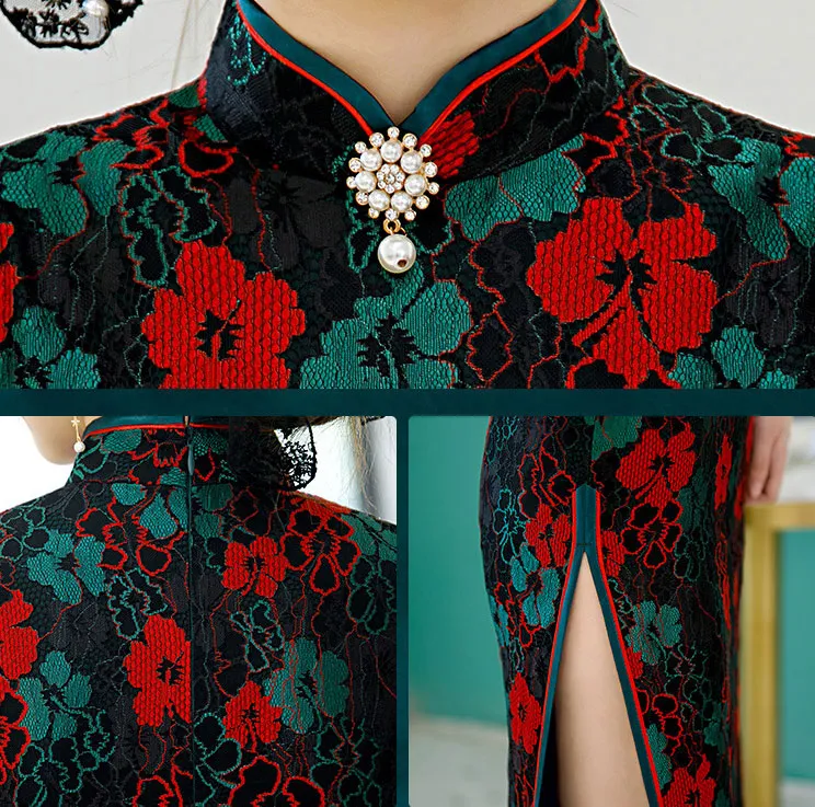 2021 Black Floral Lace Cheongsam Qi Pao Dress