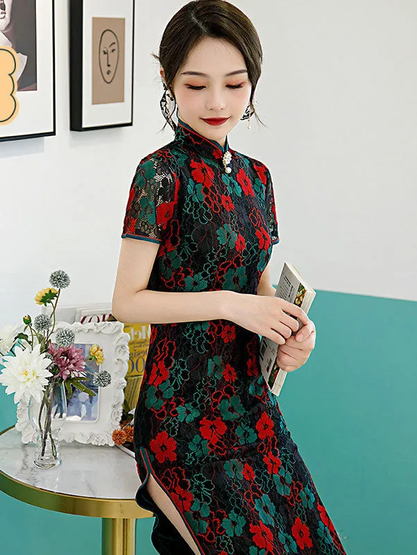 2021 Black Floral Lace Cheongsam Qi Pao Dress