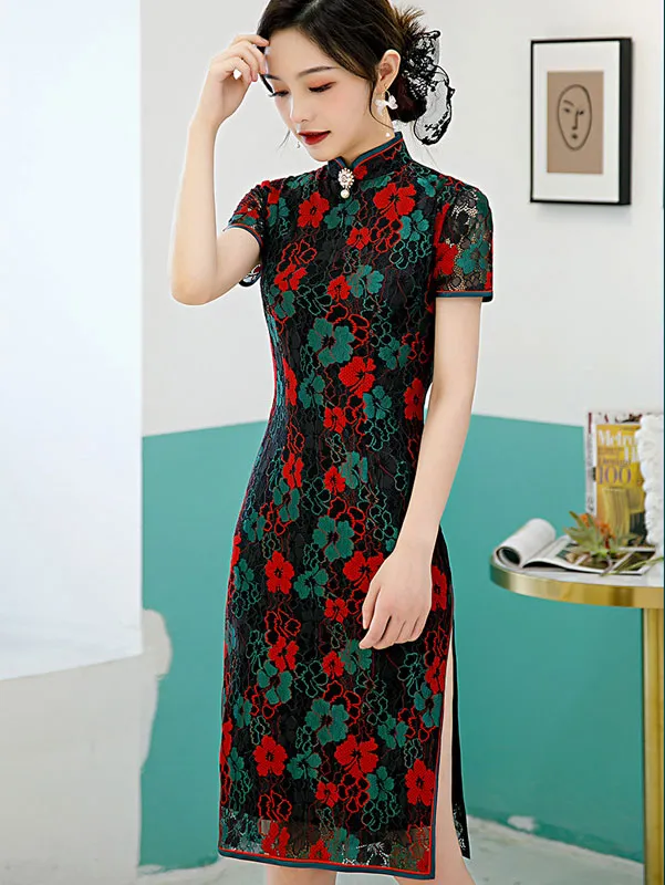 2021 Black Floral Lace Cheongsam Qi Pao Dress