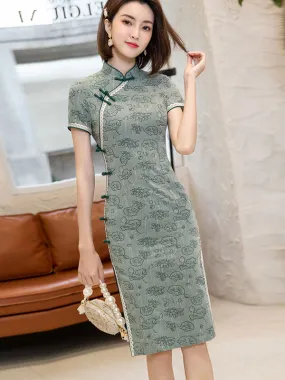2021 Green Jacquard Lotus Qi Pao Cheongsam Dress