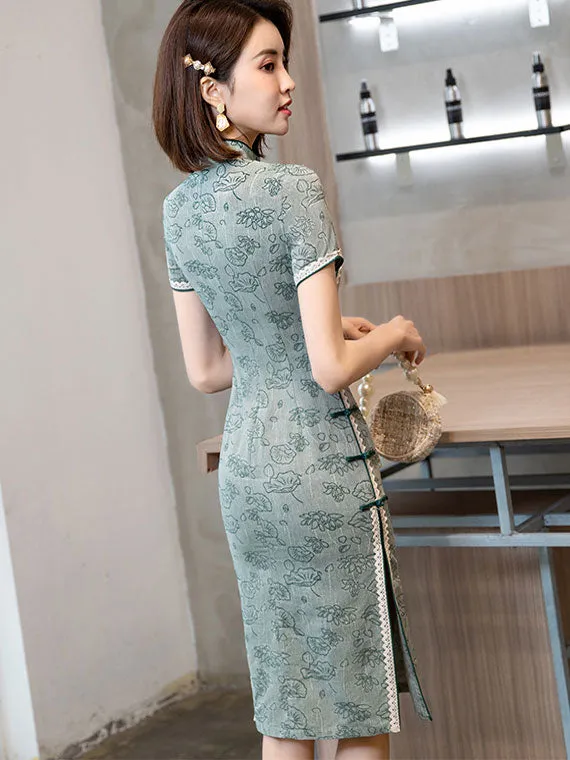 2021 Green Jacquard Lotus Qi Pao Cheongsam Dress