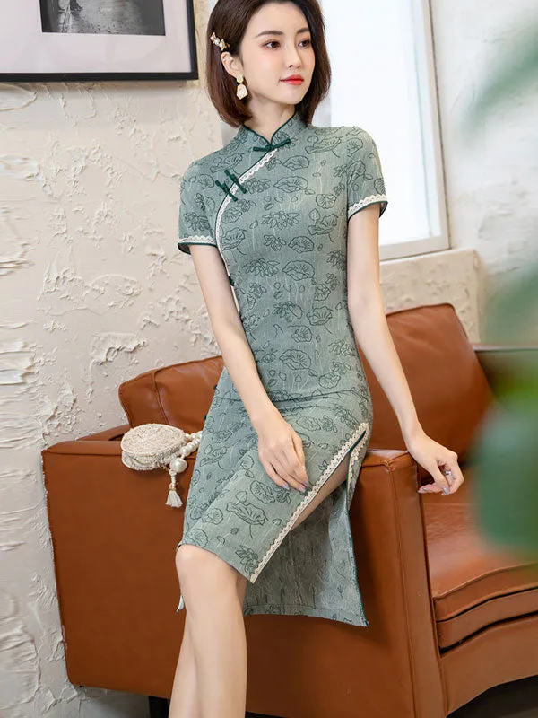 2021 Green Jacquard Lotus Qi Pao Cheongsam Dress