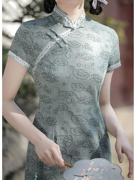 2021 Green Jacquard Lotus Qi Pao Cheongsam Dress