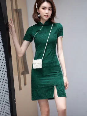 2021 Green Red Linen Qi Pao Cheongsam Dress