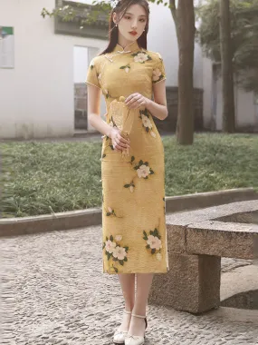 2021 Yellow Floral Tea-Length Cheongsam Qi Pao Dress
