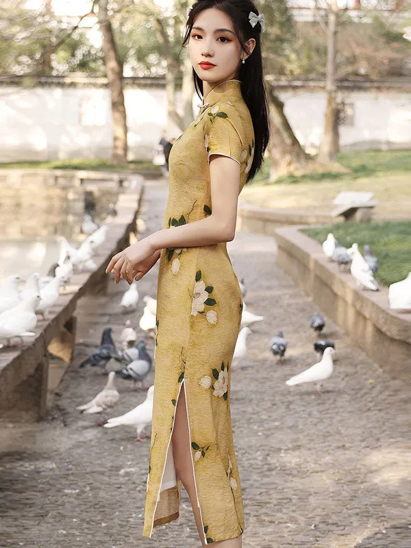 2021 Yellow Floral Tea-Length Cheongsam Qi Pao Dress