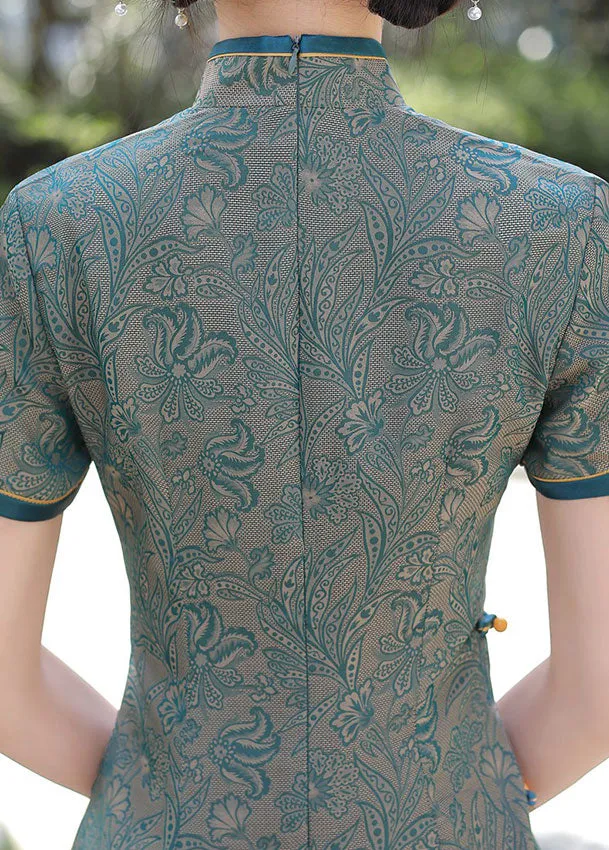2022 Blue Jacquard Maxi Cheongsam Qi Pao Dress
