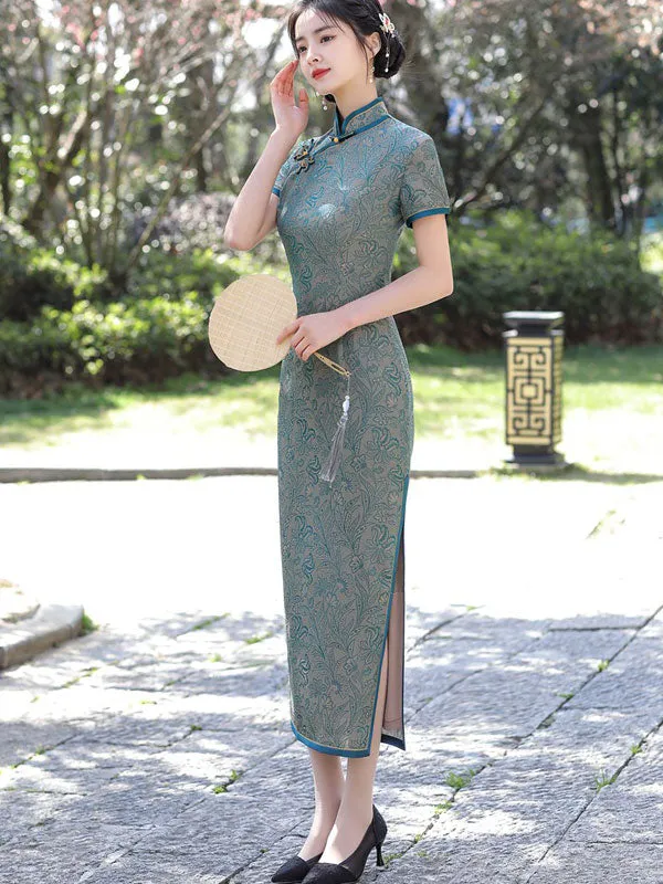 2022 Blue Jacquard Maxi Cheongsam Qi Pao Dress