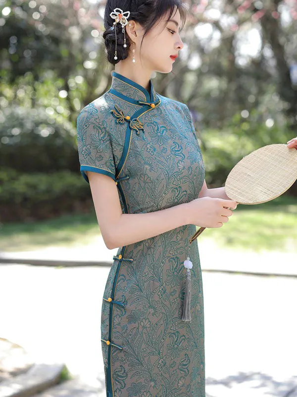2022 Blue Jacquard Maxi Cheongsam Qi Pao Dress
