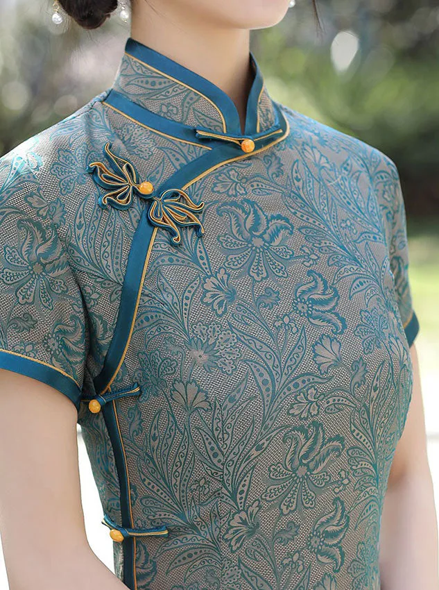 2022 Blue Jacquard Maxi Cheongsam Qi Pao Dress