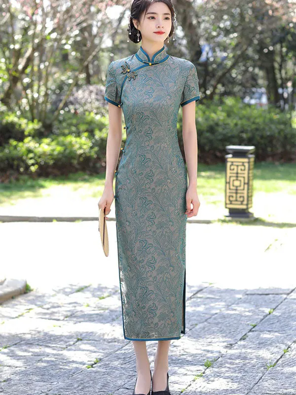 2022 Blue Jacquard Maxi Cheongsam Qi Pao Dress