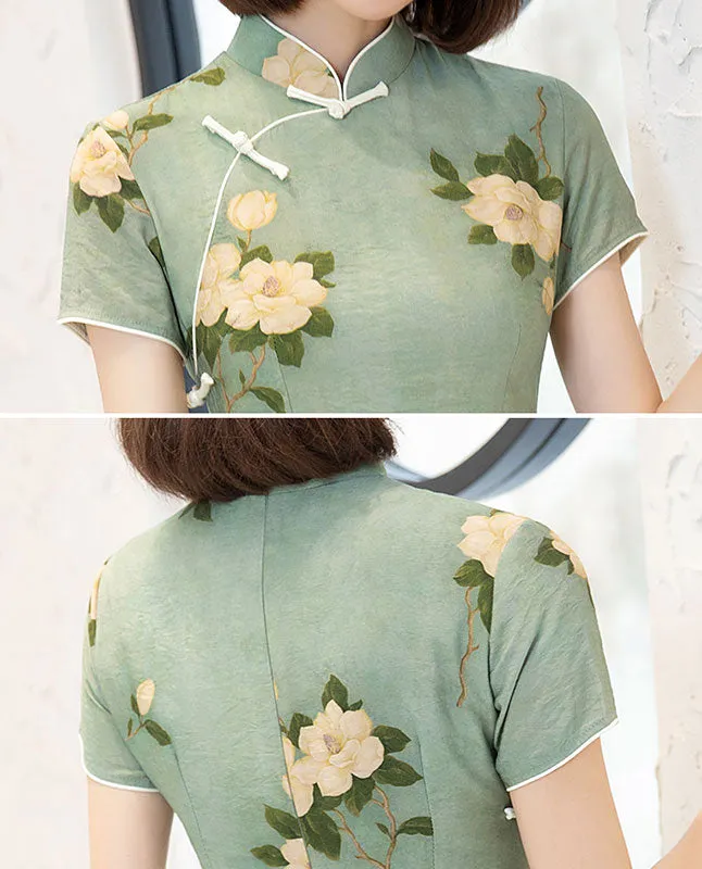 2022 Green Floral Tea-Length Cheongsam Qi Pao Dress