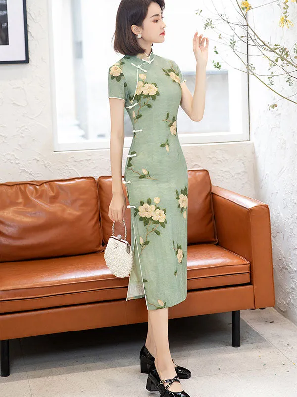 2022 Green Floral Tea-Length Cheongsam Qi Pao Dress