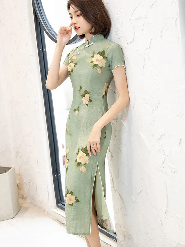 2022 Green Floral Tea-Length Cheongsam Qi Pao Dress