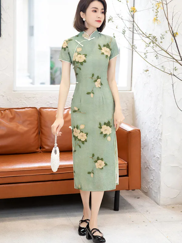 2022 Green Floral Tea-Length Cheongsam Qi Pao Dress