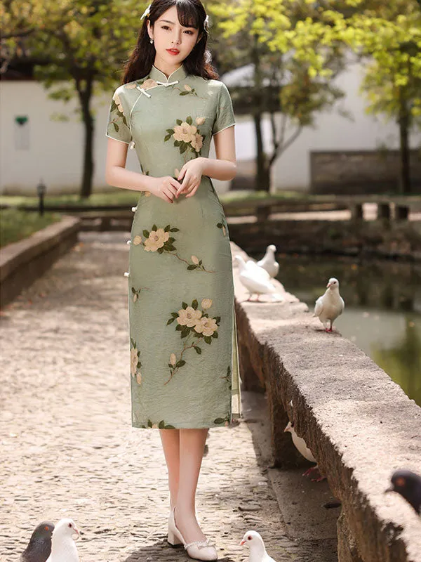 2022 Green Floral Tea-Length Cheongsam Qi Pao Dress