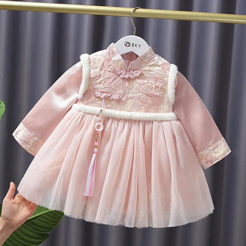 2022 Winter Warm 12M 24M 1-6 Years Child Hanfu Thicken Vintage Traditional Tang Suit New Year Cheongsam Dress For Kids Baby Girl