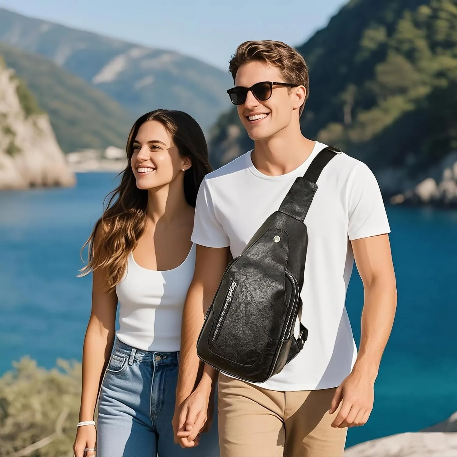 Anti-theft Sling Crossbody Bag for Women&Men,Trendy Shoulder Bag with Zipper,Vegan Leather Lightweight Travel Purse (Black)