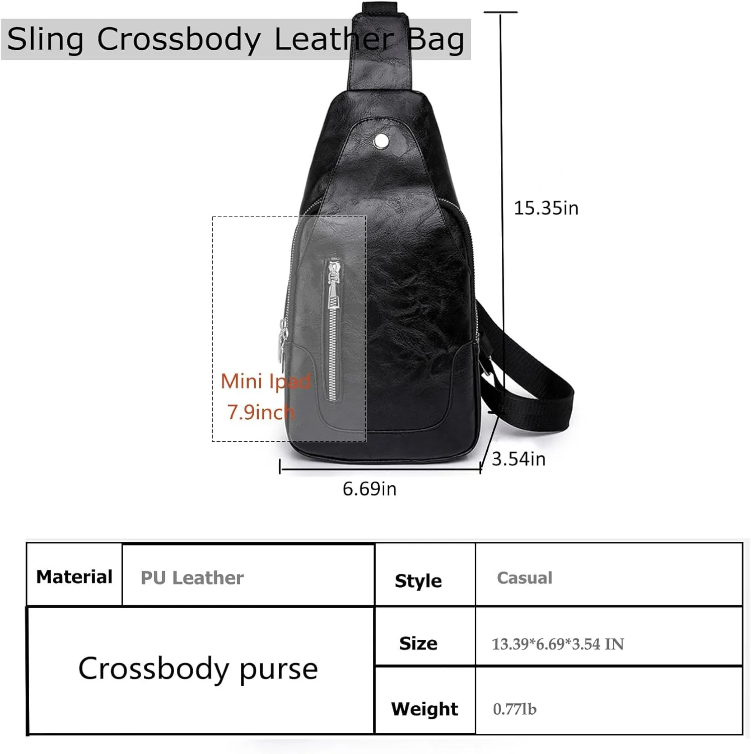 Anti-theft Sling Crossbody Bag for Women&Men,Trendy Shoulder Bag with Zipper,Vegan Leather Lightweight Travel Purse (Black)