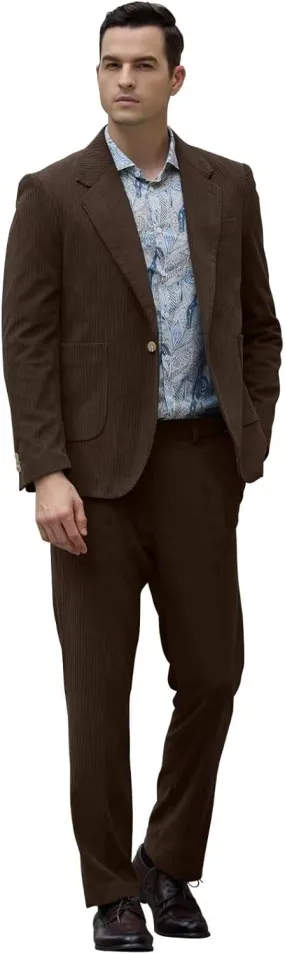 Aowdoy Mens Corduroy Suit Slim Fit 2 Pieces Vintage Casual Suit Blazer Jacket for Prom Party