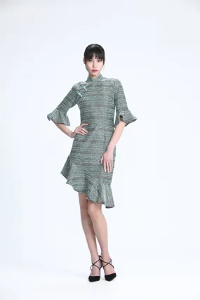 Aqua Fancy Tweed Quarter Sleeves Qipao with Asymmetric Mermaid Hem