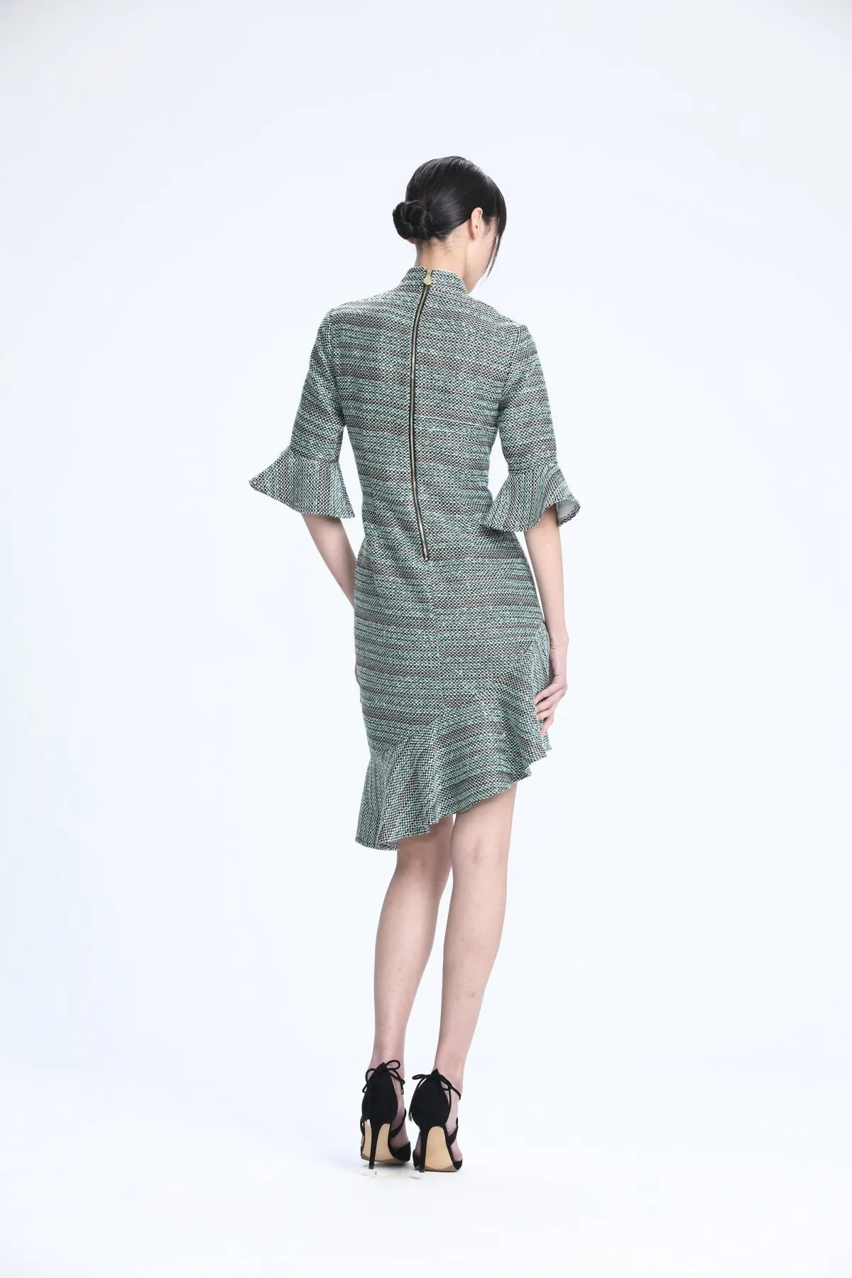 Aqua Fancy Tweed Quarter Sleeves Qipao with Asymmetric Mermaid Hem