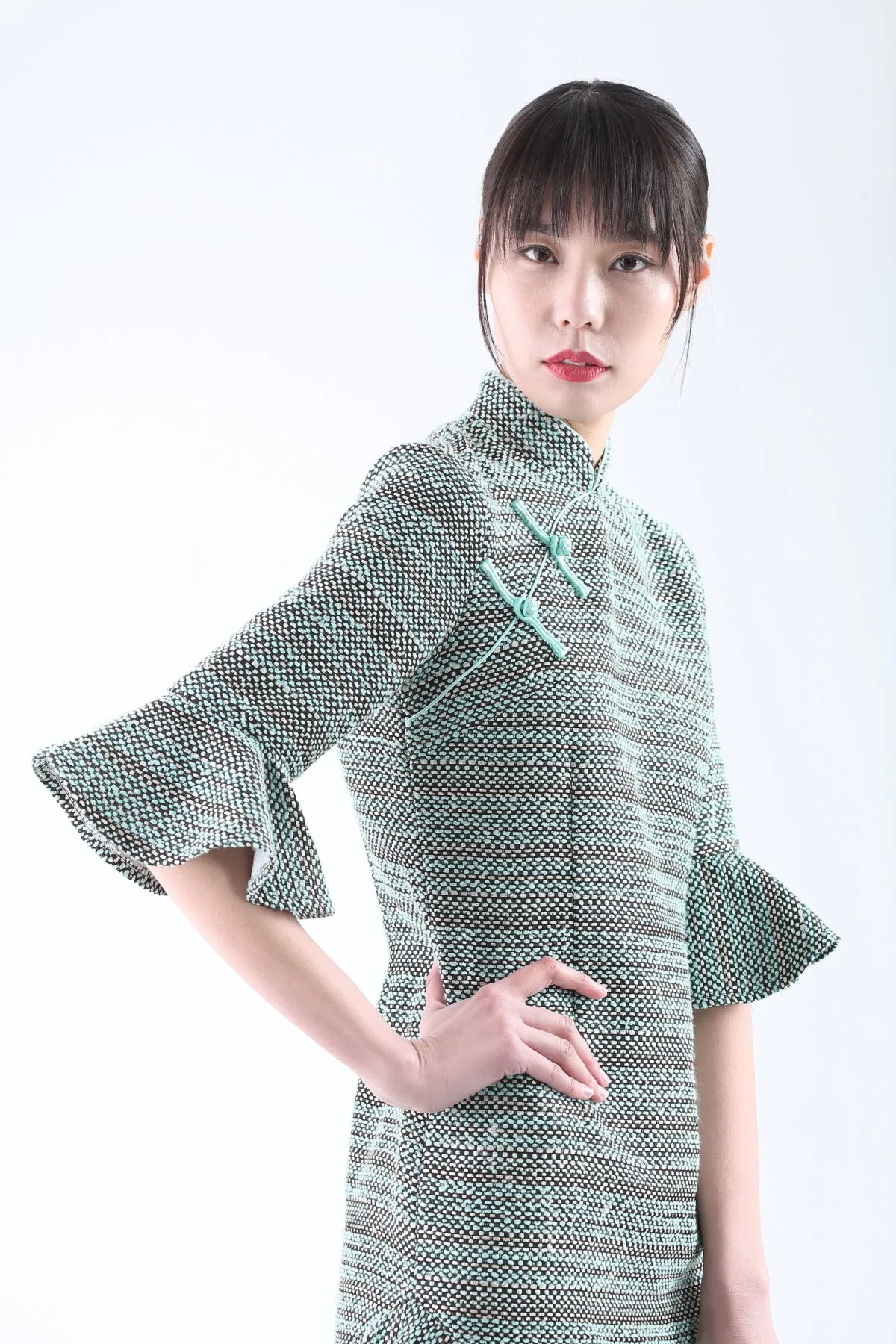 Aqua Fancy Tweed Quarter Sleeves Qipao with Asymmetric Mermaid Hem