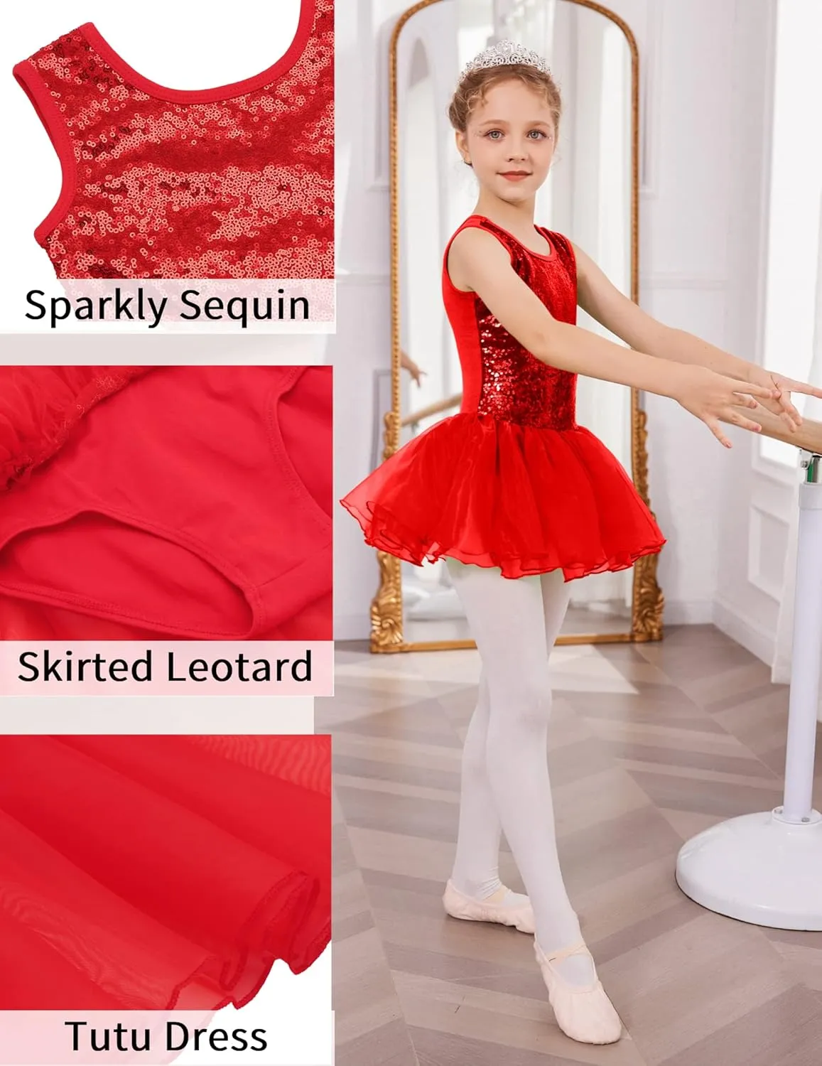Arshiner Girls Dance Tutu Dress Sparkly Sequin Ballet Cross Back Dresses