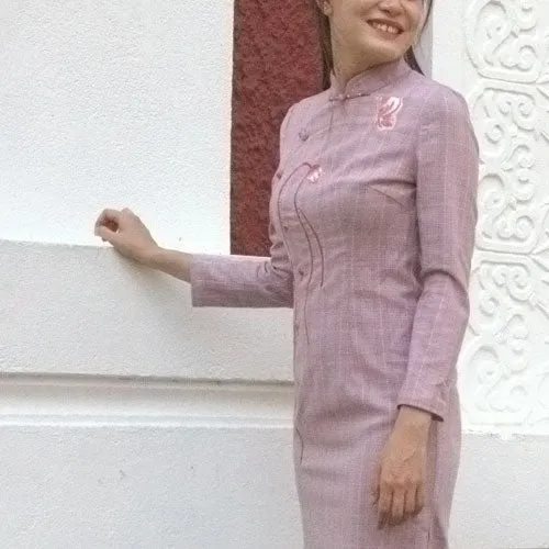 Autumn/Fall Nicole Pink Classic Chinese Mandarin Collar Cheongsam Qipao
