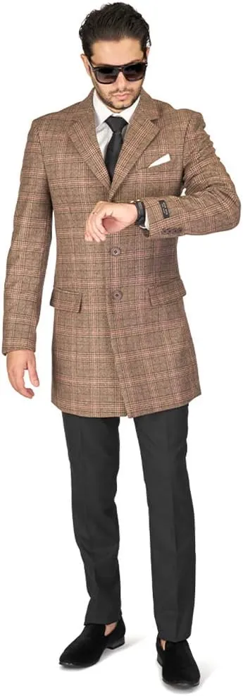 AZAR MAN Slim Fit Modern Wool Overcoat 3 Button Notch Lapel Top Trench Coat