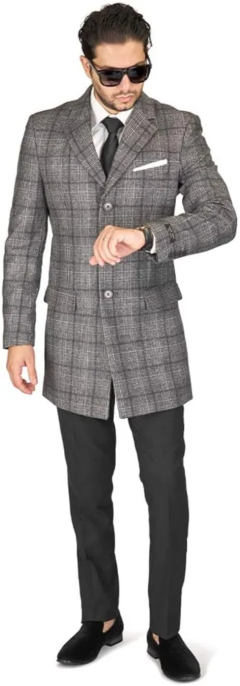 AZAR MAN Slim Fit Modern Wool Overcoat 3 Button Notch Lapel Top Trench Coat