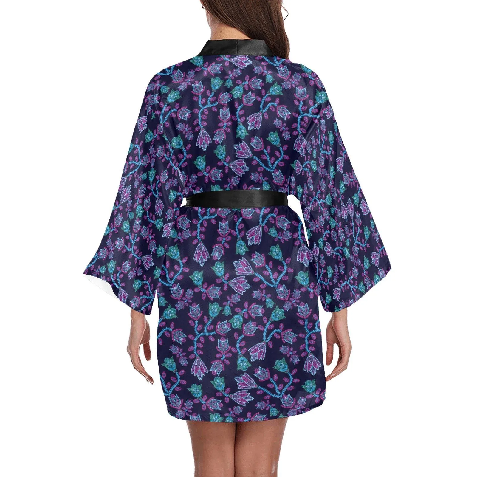 Beaded Blue Nouveau Long Sleeve Satin Robe