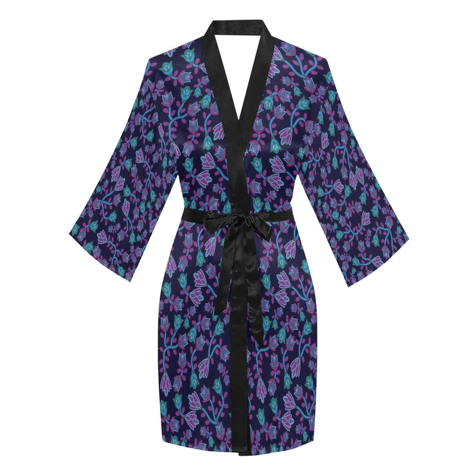 Beaded Blue Nouveau Long Sleeve Satin Robe