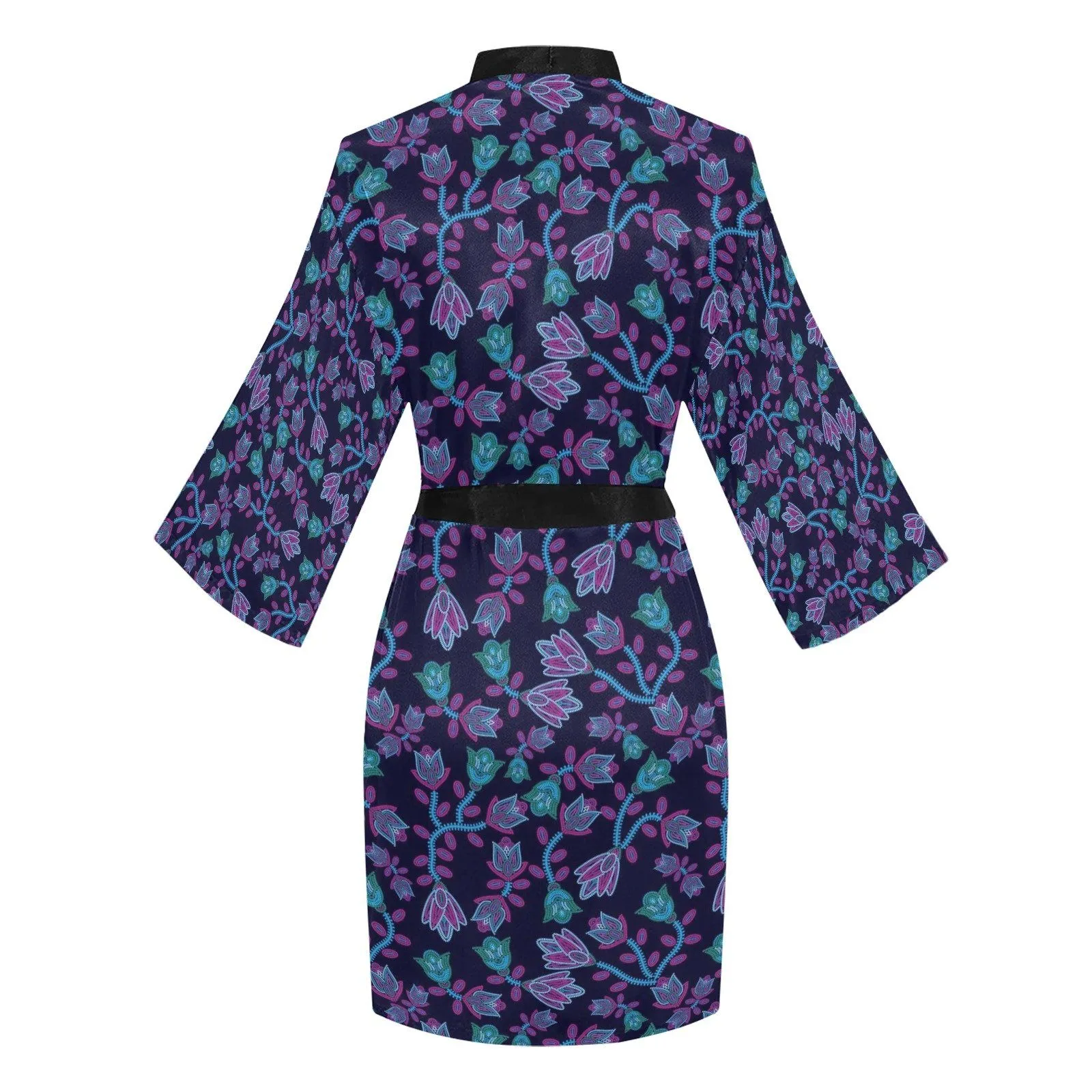 Beaded Blue Nouveau Long Sleeve Satin Robe
