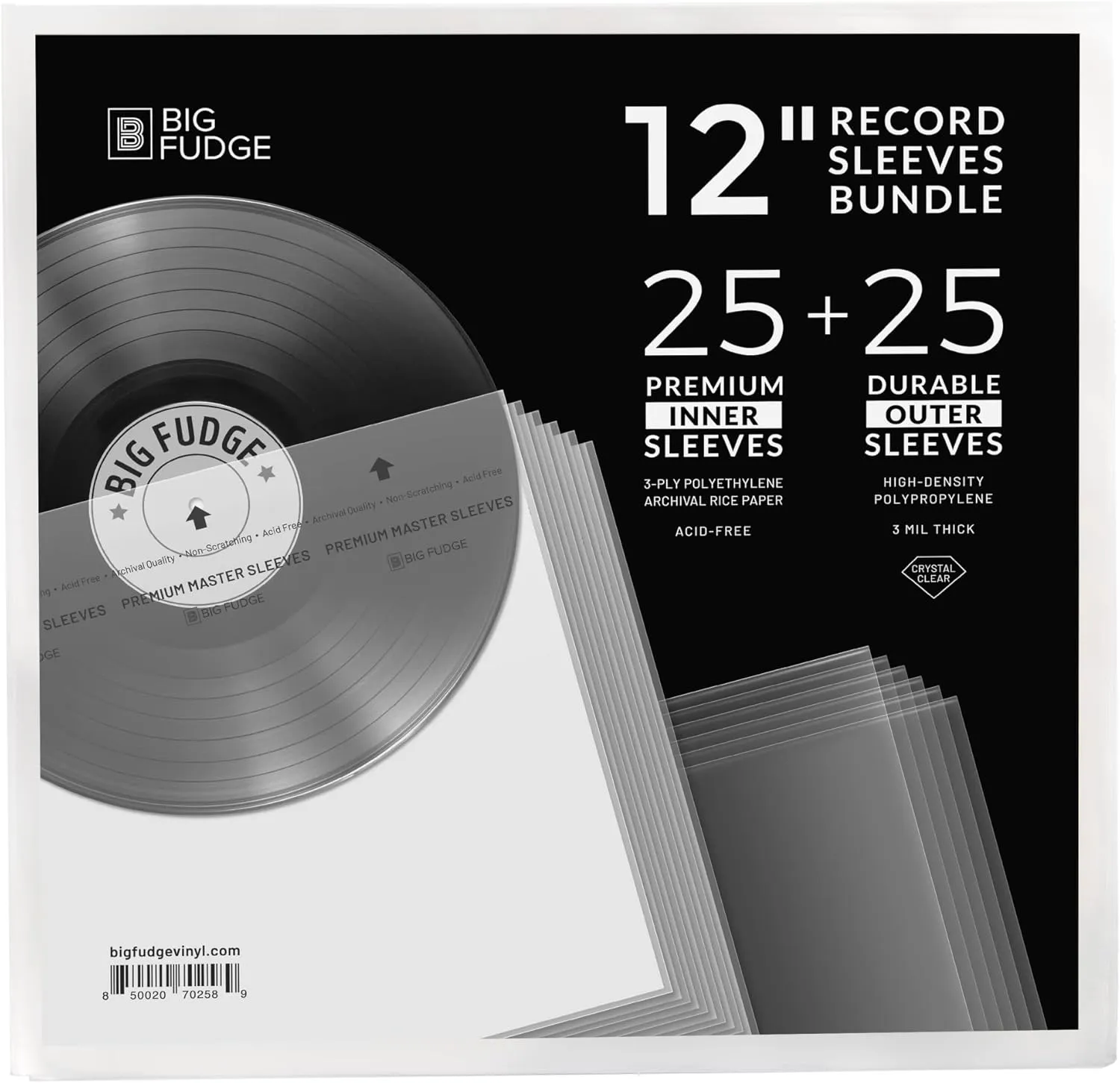 BIG FUDGE Vinyl Record Inner & Outer Sleeve Bundle - 12" x 25pcs High-Density Polypropylene Outer Sleeve Album Covers & 12" x 25pcs Archival Anti-Static Rice Paper LP Inner Sleeves