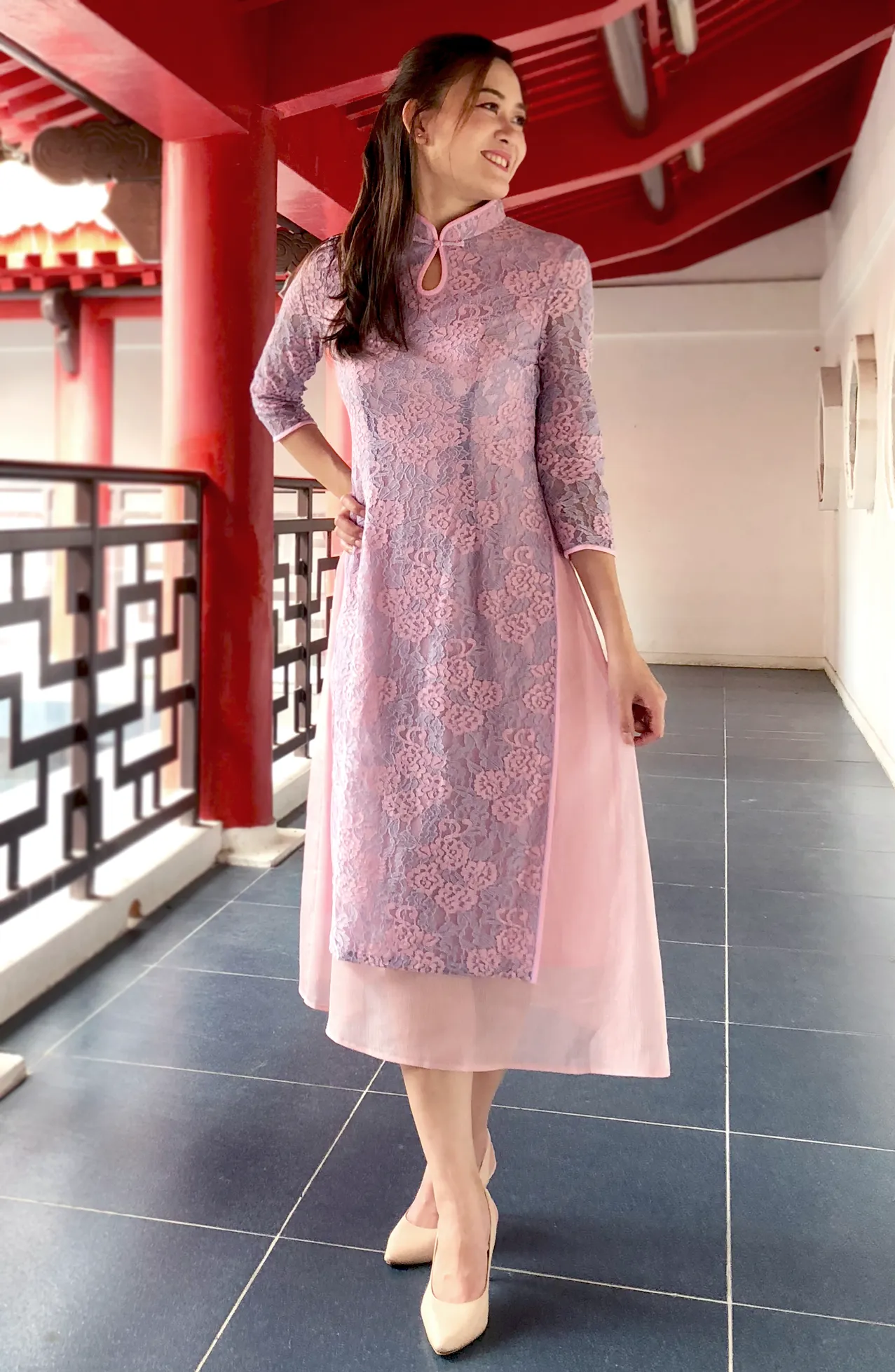 Brittany Lilac Pink Lace Fit and Flare Chinese Mandarin Collar Cheongsam Dress Qipao