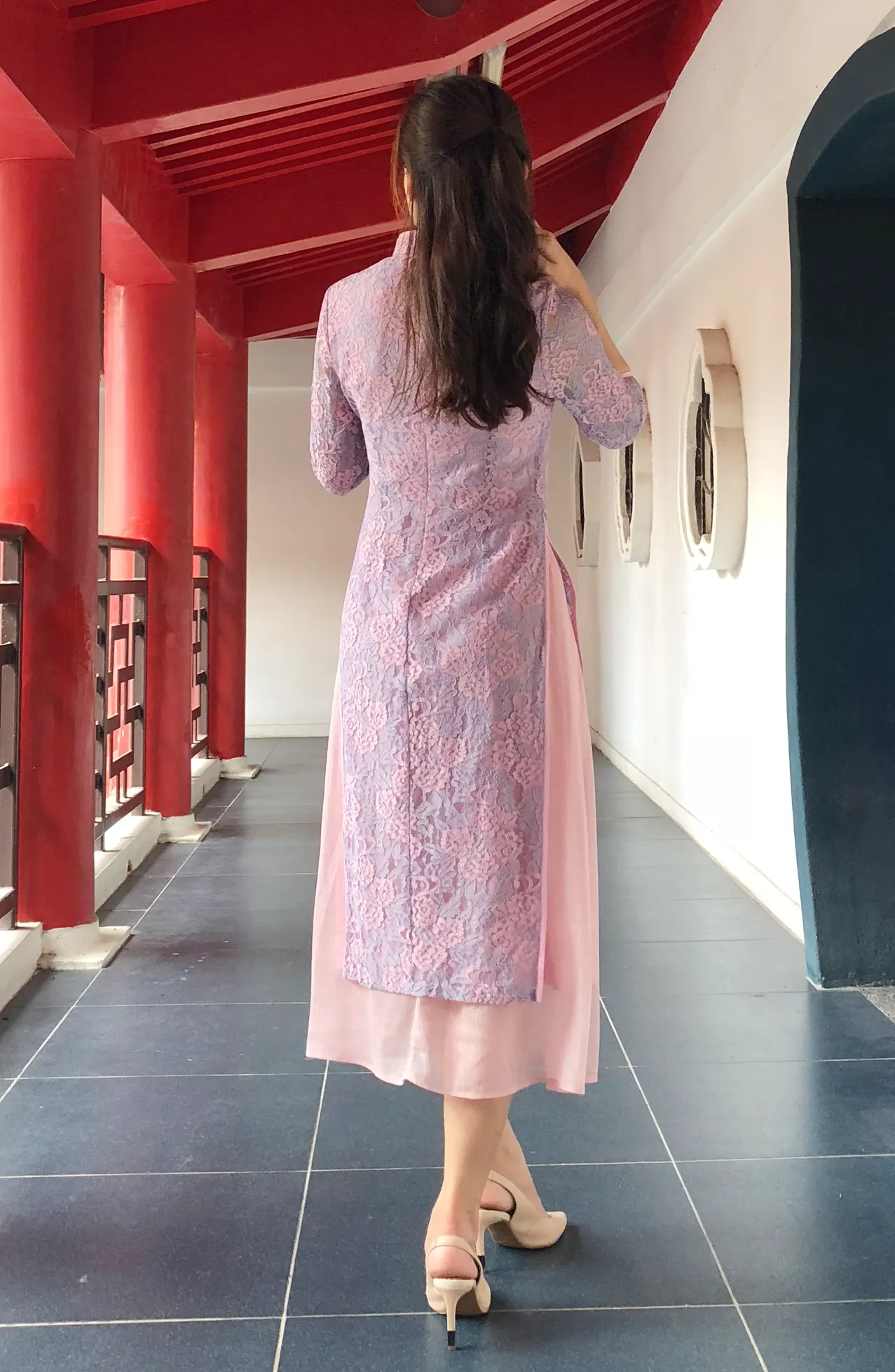 Brittany Lilac Pink Lace Fit and Flare Chinese Mandarin Collar Cheongsam Dress Qipao