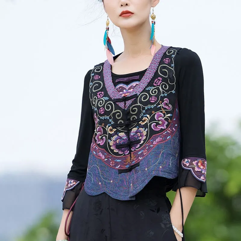Buddha Stones Vintage Frog-Button Embroidery Purple Flower Tang Suit Design Sleeveless Vest