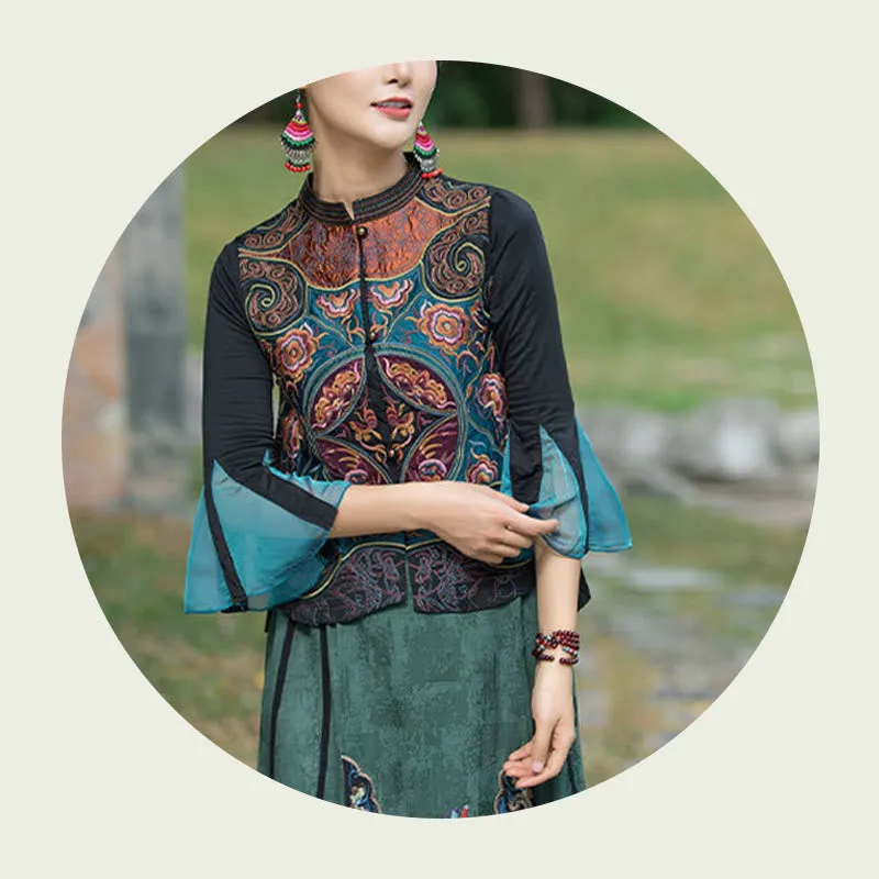 Buddha Stones Vintage Style Embroidery Flower Tang Suit Design Sleeveless Vest