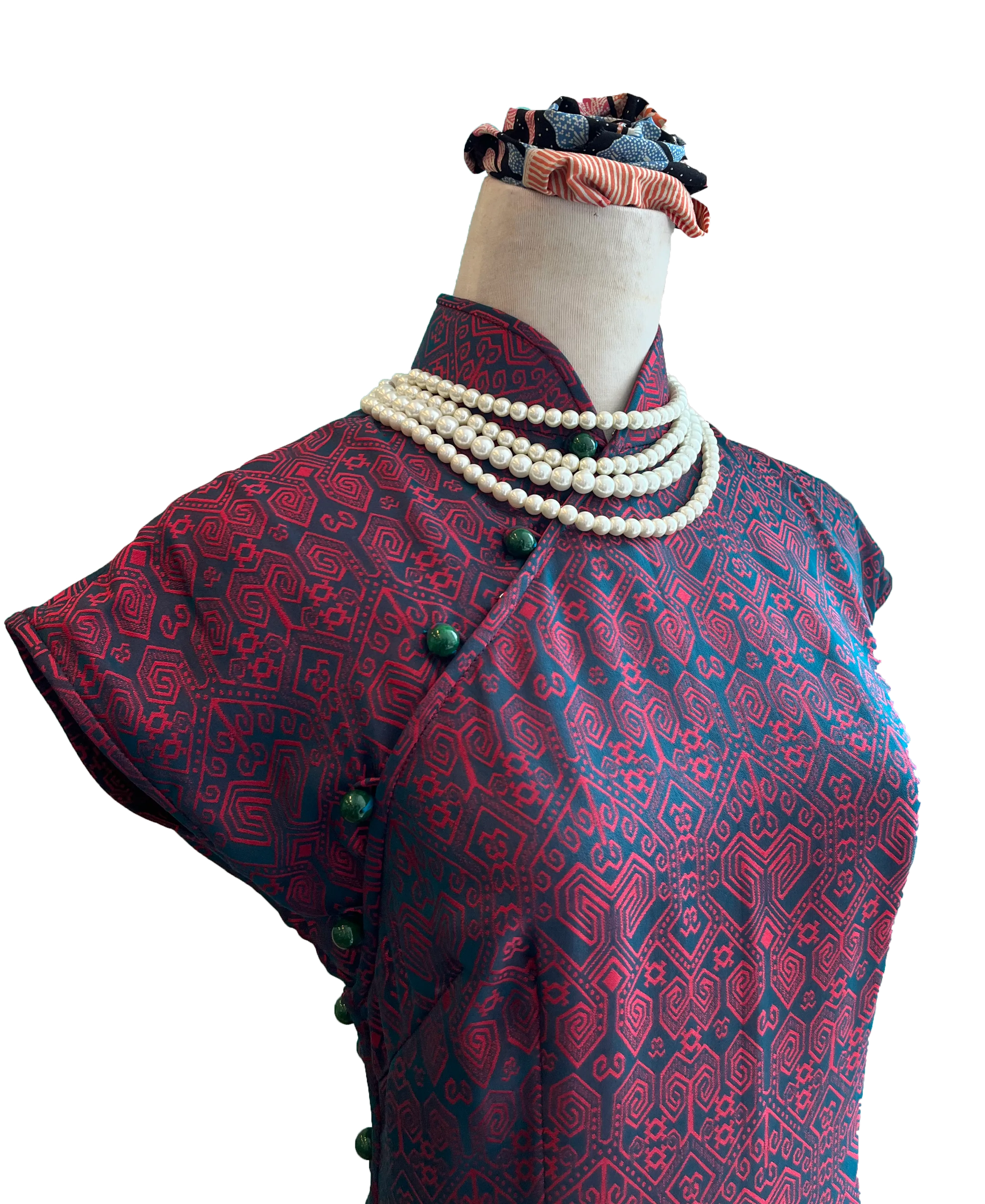Burgundy and Navy Geometic Silk Cheongsam