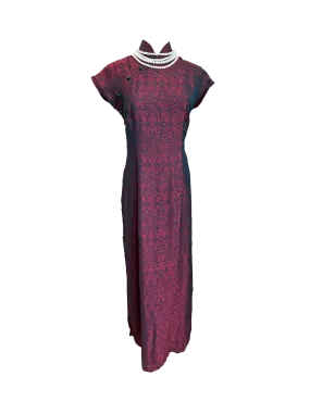 Burgundy and Navy Geometic Silk Cheongsam