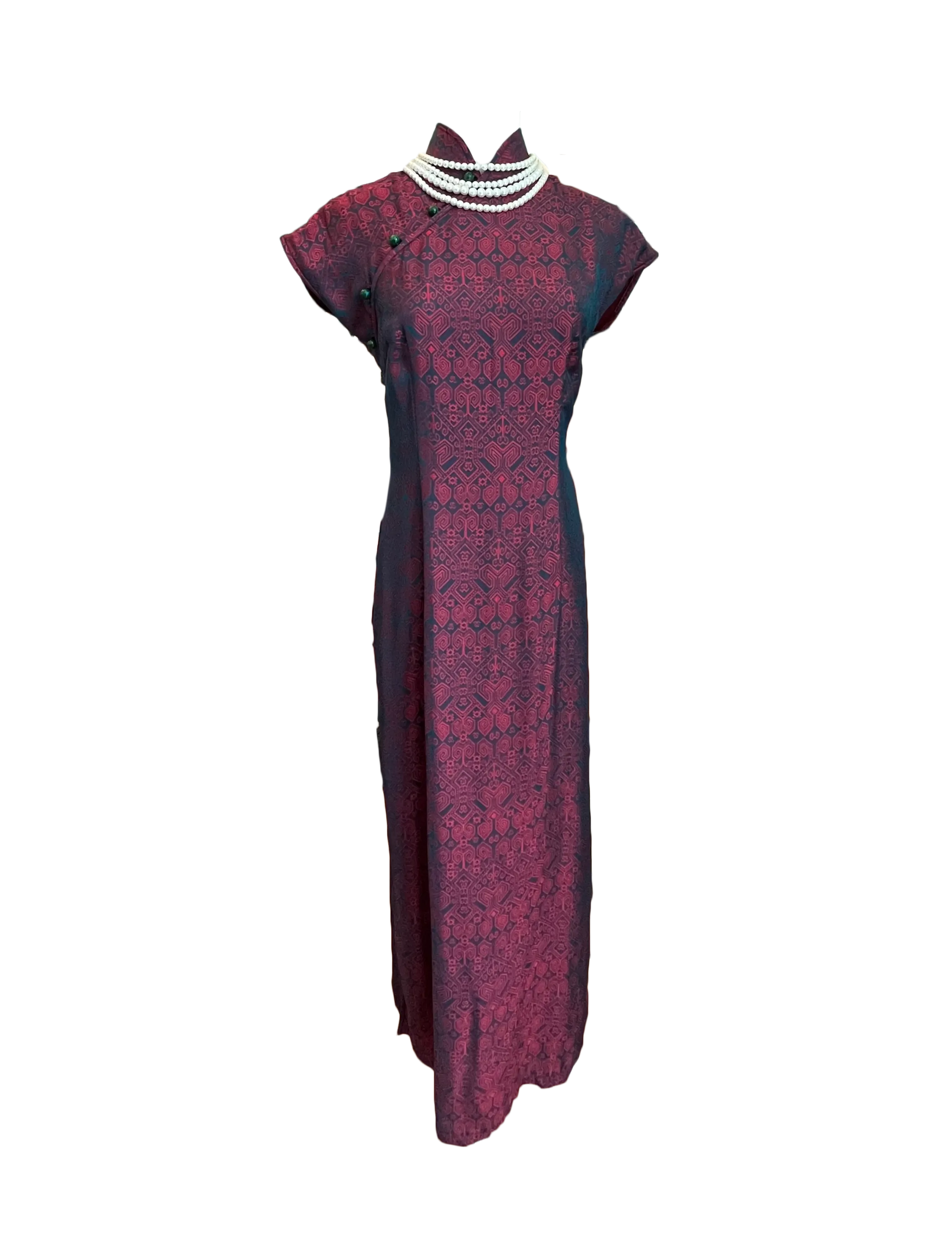 Burgundy and Navy Geometic Silk Cheongsam