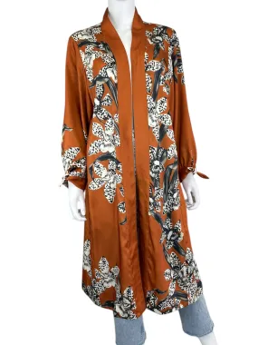 chicos Orange Satin Leopard Floral Print Kimono Size L