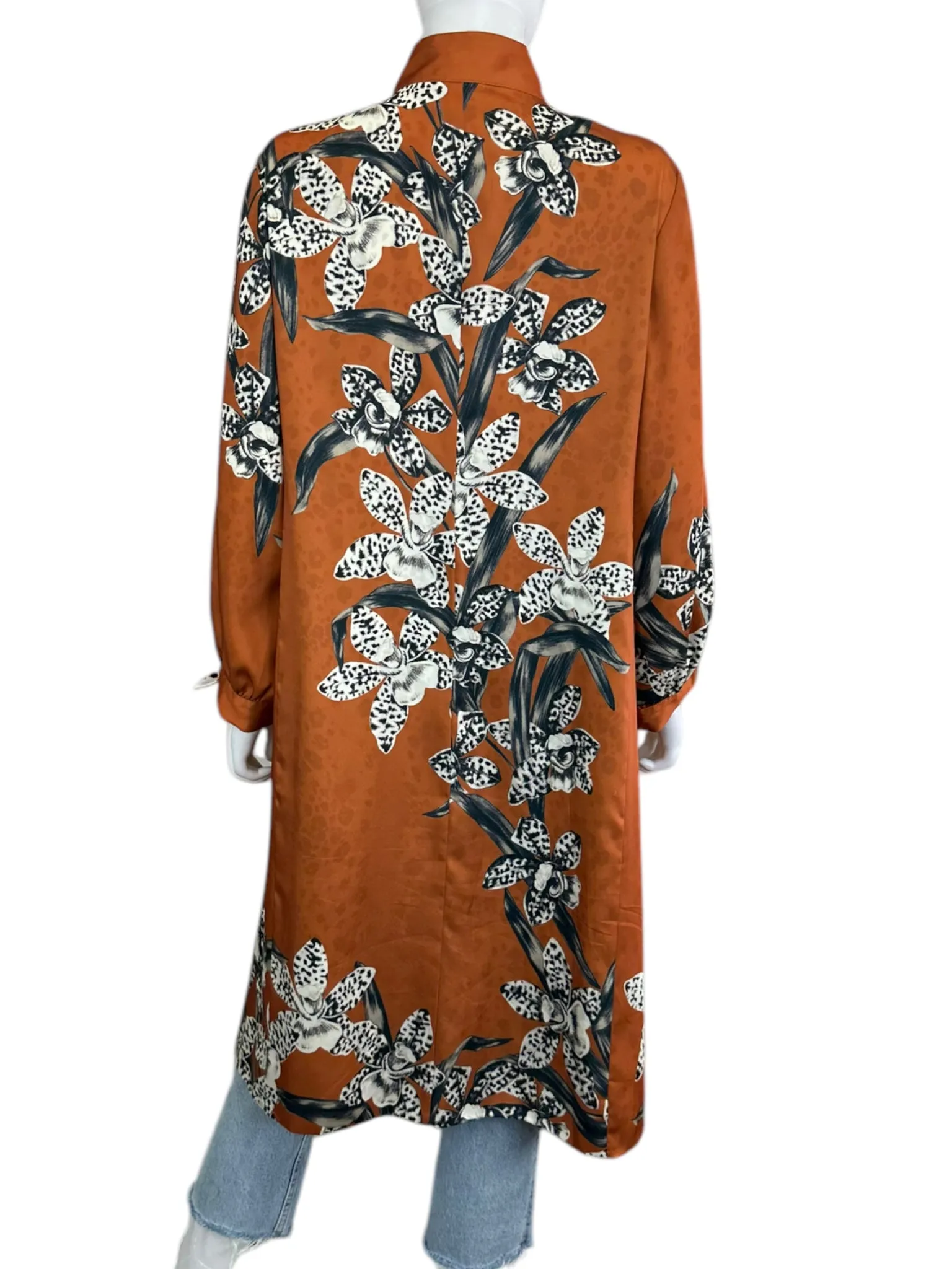 chicos Orange Satin Leopard Floral Print Kimono Size L