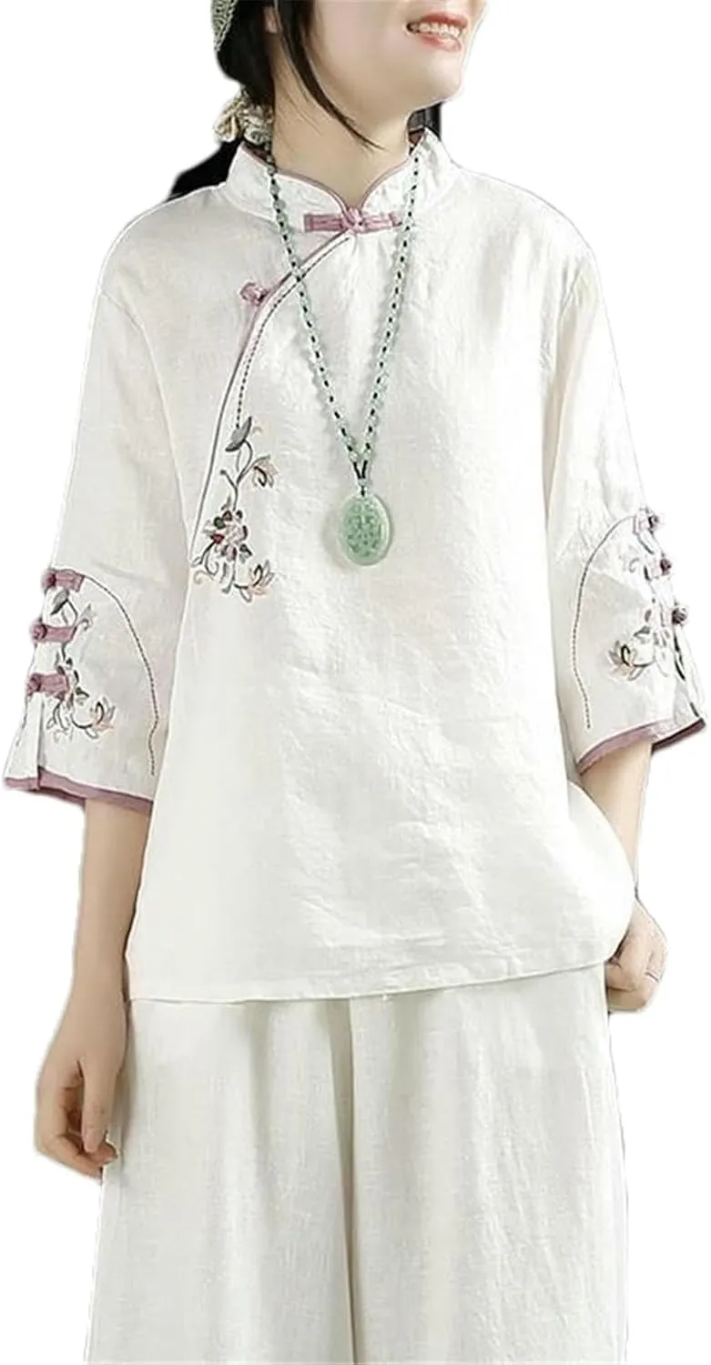 Chinese Cotton Linen Shirt Women Spring Summer Stand-up Collar Button-Down top Oblique Lapel Embroidered Tea Service