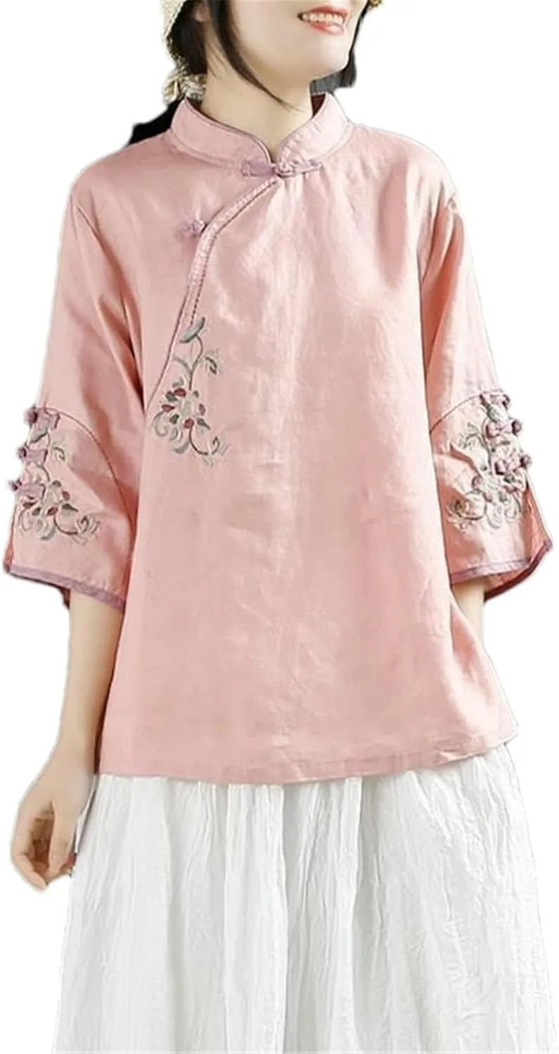 Chinese Cotton Linen Shirt Women Spring Summer Stand-up Collar Button-Down top Oblique Lapel Embroidered Tea Service