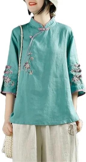 Chinese Cotton Linen Shirt Women Spring Summer Stand-up Collar Button-Down top Oblique Lapel Embroidered Tea Service