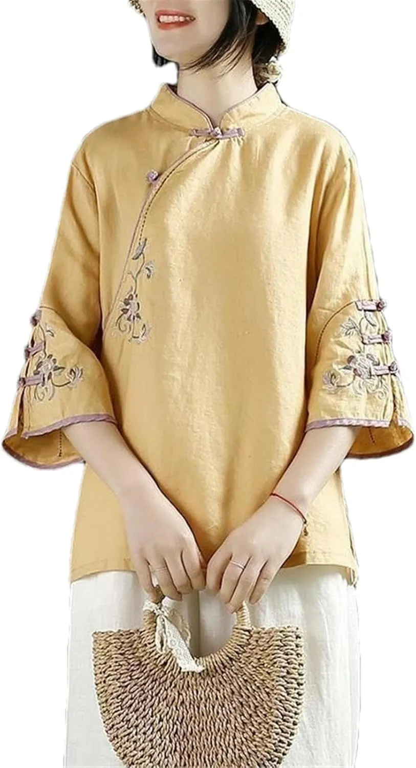 Chinese Cotton Linen Shirt Women Spring Summer Stand-up Collar Button-Down top Oblique Lapel Embroidered Tea Service