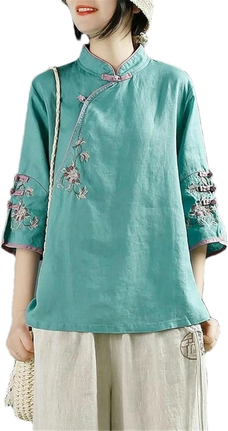 Chinese Cotton Linen Shirt Women Spring Summer Stand-up Collar Button-Down top Oblique Lapel Embroidered Tea Service